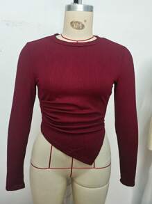 Zielony 1pc Casual Long Sleeve Round Neck Asymmetrical Hem T-Shirt Fall Cloth For Women - Burgundy - View 8