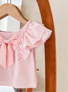 SHEIN LMoss Kids Baby Girl LMoss Summer Vacation Cute Solid Color Ruffle Trim Blouse