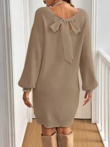 SHEIN Frenchy Women's Solid Color Drop Shoulder Long Sleeve Bow Knitted Sweater Dress, Autumn/Winter - Khaki - View 5