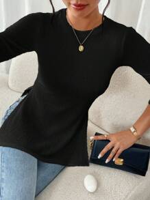 SHEIN Frenchy Áo thun nữ cổ tròn tay dài màu trơn xẻ tà thường ngày, mùa thu - màu đen - Xem 3