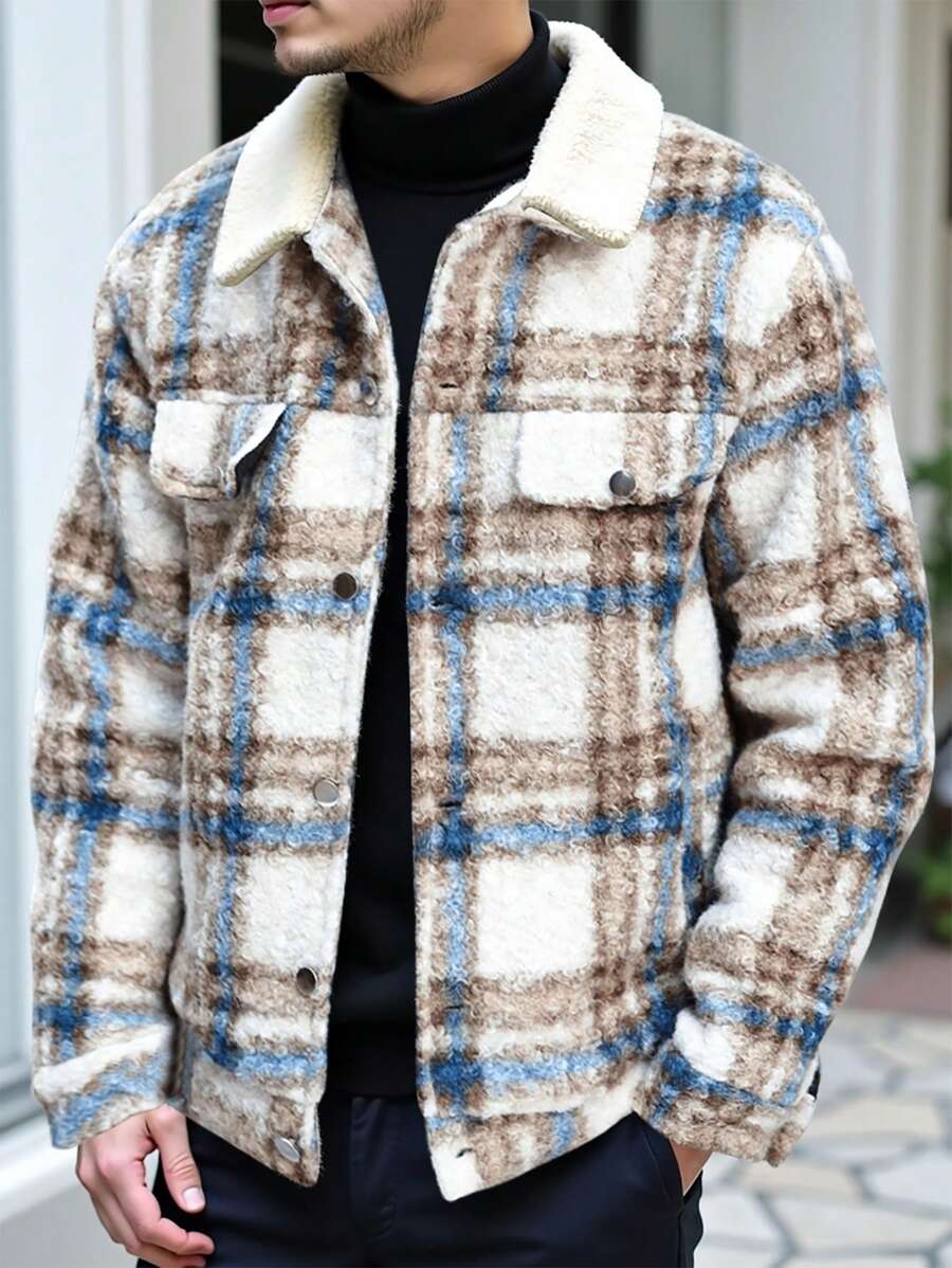 Manfinity Homme Men's Plaid Color Block Lapel Long Sleeve Single-Breasted Casual Jacket, Autumn/Winter - Multicolor - View 1