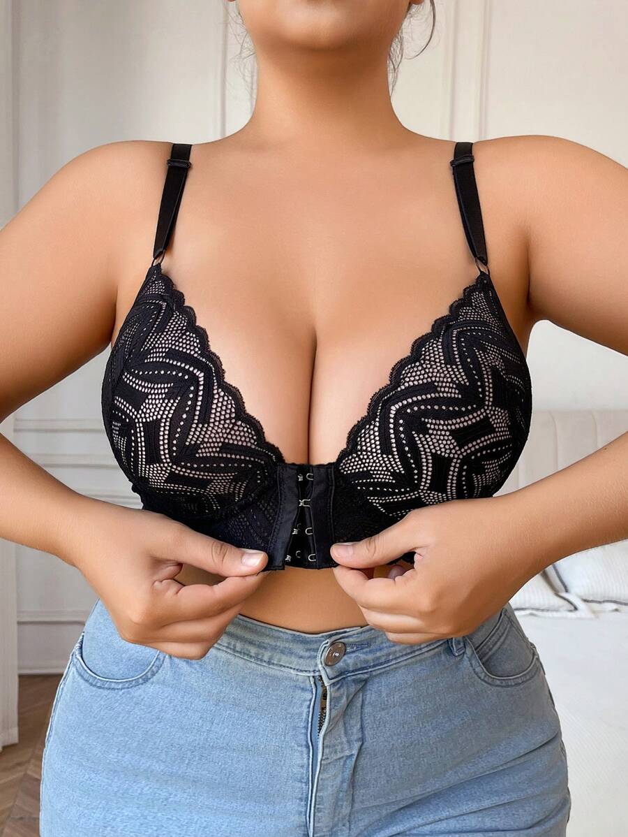 1pc Plus Size Lace Front Hook Breathable Sexy Comfortable Underwire Lingerie Bra - Black - View 1