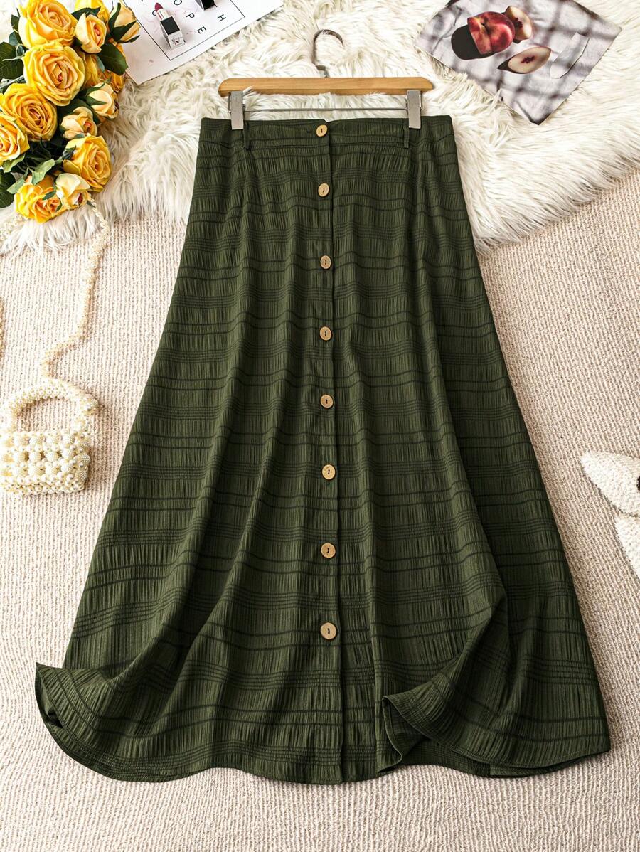 SHEIN LUNE Plus Size Elasticated Waist Wood Button Decor Split Hem ...