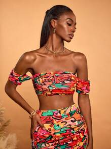 Sylvia Mollie Designer Boho Bohemian Women's Multicolor Spring Summer Colorful Floral Print Ruffled Cropped Bandeau Off Shoulder Top Holiday Party, Vacation, Going Out, Festival, Ibiza Fits