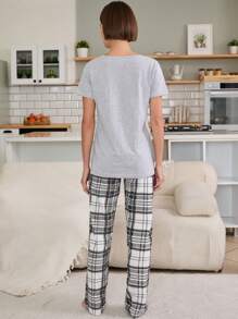 RueChic Valentine's Day Couple Plaid Bear Pattern Shirt And Plaid Pattern Bottom Set - Grey - View 2