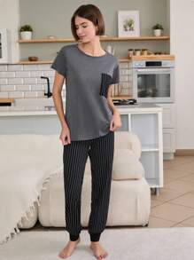 RueChic Valentine's Day Couple Contrast Colour Striped Pattern Homewear Set - Black - View 3