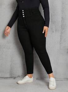 SHEIN Privé Plus Size High Waisted Skinny Solid Color Casual Jeans - Black - View 5