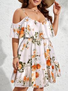 SHEIN VCAY Plus Size Women Boho Floral Print Cold Shoulder Ruffle Trim Casual Dress For Vacation, For Summer - Orange - View 3