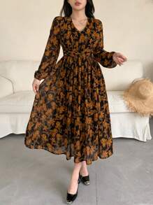 DAZY 女士花卉印花 A 字腰收腰度假连衣裙，适合情人节、春秋季长袖连衣裙 - 黃色 - 查看 7