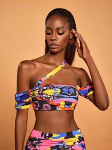 Sylvia Mollie 设计师波西米亚风女式多色抽象印花褶皱短款上衣，适合春夏度假、外出、节日、伊比沙岛 - 彩色 - 查看 6