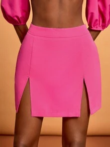 Sylvia Mollie Falda mini casual con abertura de cintura alta en color rosa intenso para mujer, ideal para vacaciones, playa, festival, Ibiza