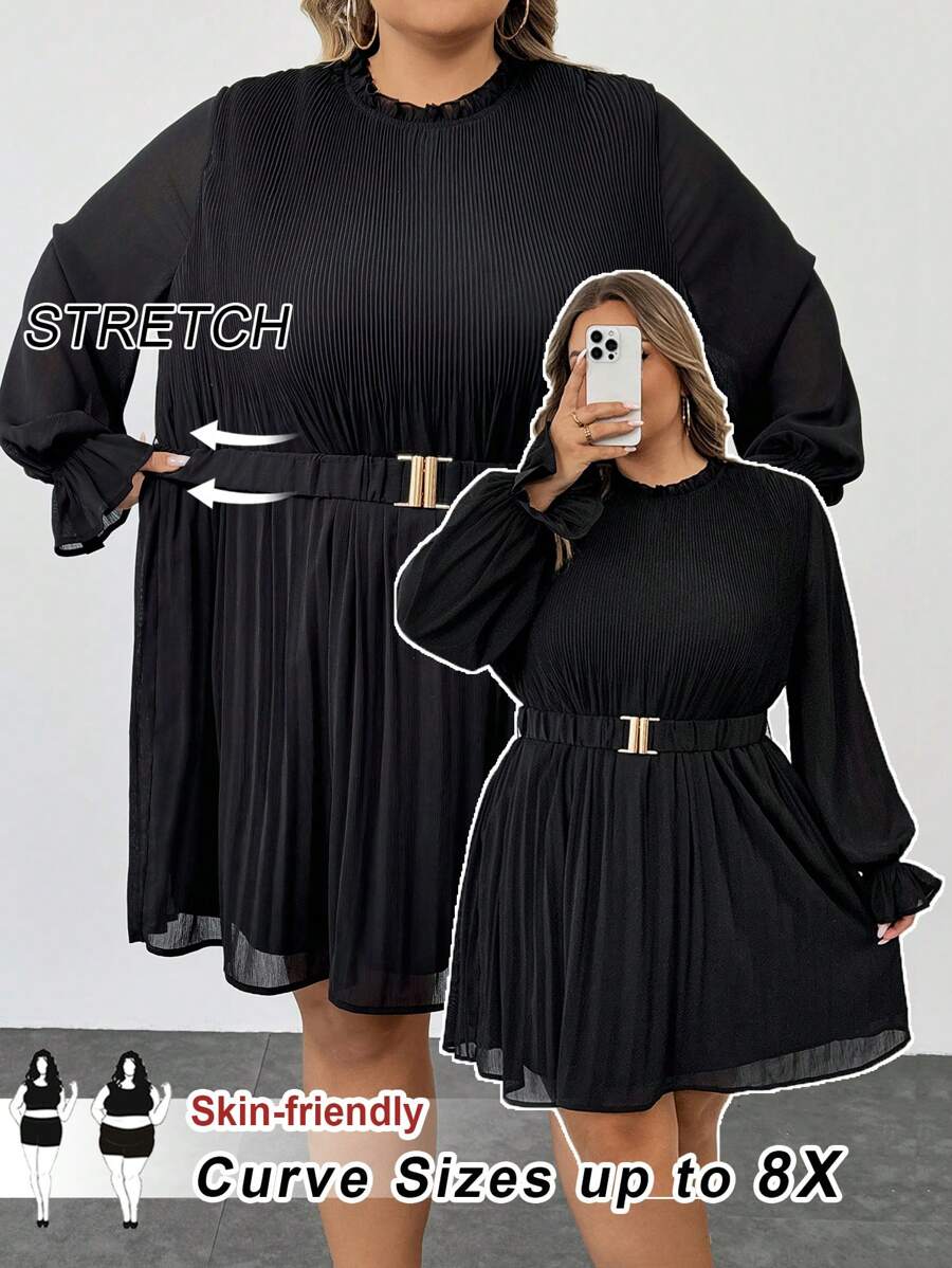 SHEIN CURVE+ Plus Size Women's Solid Color Ruffle Flare Sleeve Elegant Dress, Spring Summer - Black - View 1