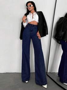 SHEIN Tall 100%Cotton HIGH WAIST WIDE LEG LONG HEM TALL JEAN - Dark Wash - View 5