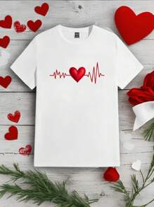 Manfinity Homme 1pc Fashionable Casual Valentine's Day Couple Matching Graffiti Heart & ECG Pattern Printed Short Sleeve T-Shirt, Suitable For Couples, Family, Perfect Gift For Boyfriend - White - View 3