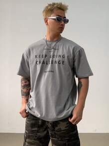 DAZY 男士基本款字母印花圆领短袖休闲T恤、图案T恤 - 綠色 - 查看 4