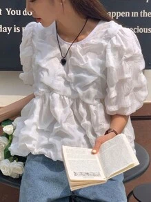 DAZY Women's Round Neck Puff Sleeve Pullover Short Sleeve Blouse, White, Spring/Summer Cute Tops