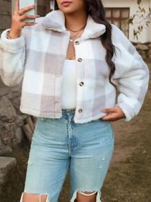 SHEIN LUNE Plus Size Women's Plaid Pattern Long Sleeve Single Breasted Fleece Leisure Jacket, Autumn/Winter