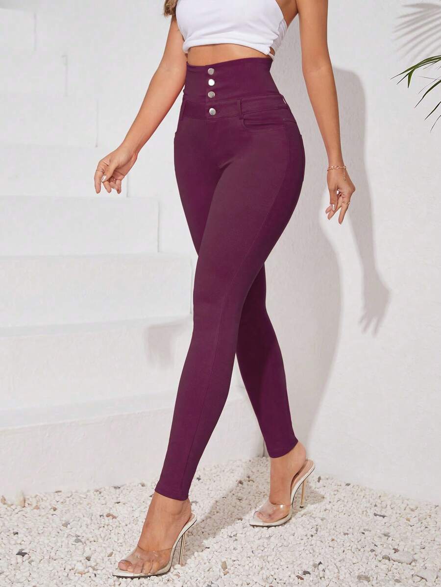 Chiquease Women's Solid Color Front Button Pocket Simple High Waist Casual Pants - Red Violet - View 1