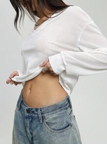 SHEIN Unity 女式 V 领长袖简约短款休闲套头 T 恤，秋季 - 白色 - 查看 6