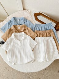 SHEIN LMoss Kids 6pcs/Set Young Boys Casual College Style Comfortable Fashion Simple Practical Cute Textured Fabric Short Sleeve Shirt And Shorts Multi-Piece Set, Suitable For Spring/Summer, Everyday, Sports, Outings, School, Gatherings, Holidays, Performances, Photo Shoots
