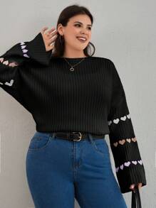 RueChic Heart Patterned Flared Sleeve Ribbed Knit Sweater - Black - View 3