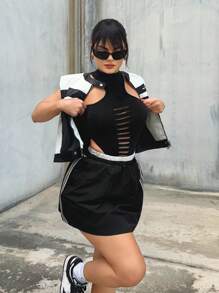 SHEIN SXY 性感街头服饰拼色黑色迷你裙 - 黑色 - 查看 3