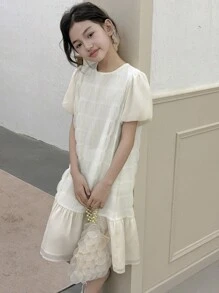 DAZY 青少年女孩圆领短袖拼布连衣裙，夏季 - 米色 - 查看 6
