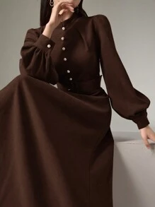 Heiryn Women's Stand Collar Button Design Long Sleeve Elegant Dress - Coffee Brown - View 6