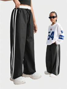 SHEIN Tween Girls Fall/Winter Daily Wear/Back To School/Basic Knit Banded Texture Decoration Sport Wide Leg Sweatpants