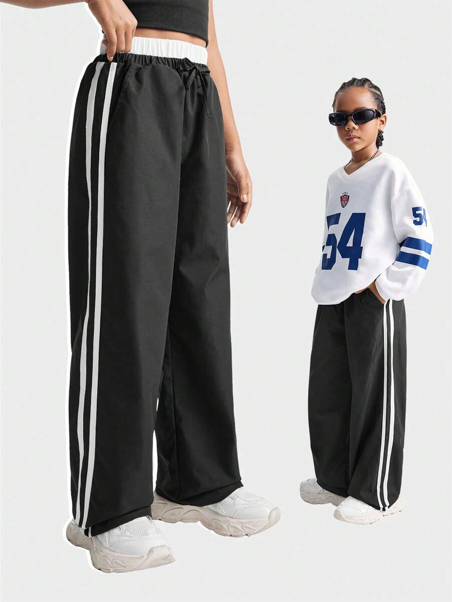 SHEIN Tween Girls Fall/Winter Daily Wear/Back To School/Basic Knit Banded Texture Decoration Sport Wide Leg Sweatpants