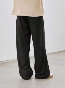 SHEIN Tween Girls' Casual Minimalist Daily Sports & Home Elastic Waist Solid Color Loose Fit Thermal Lined Wide Leg Pants For Autumn/Winter - Black - View 2