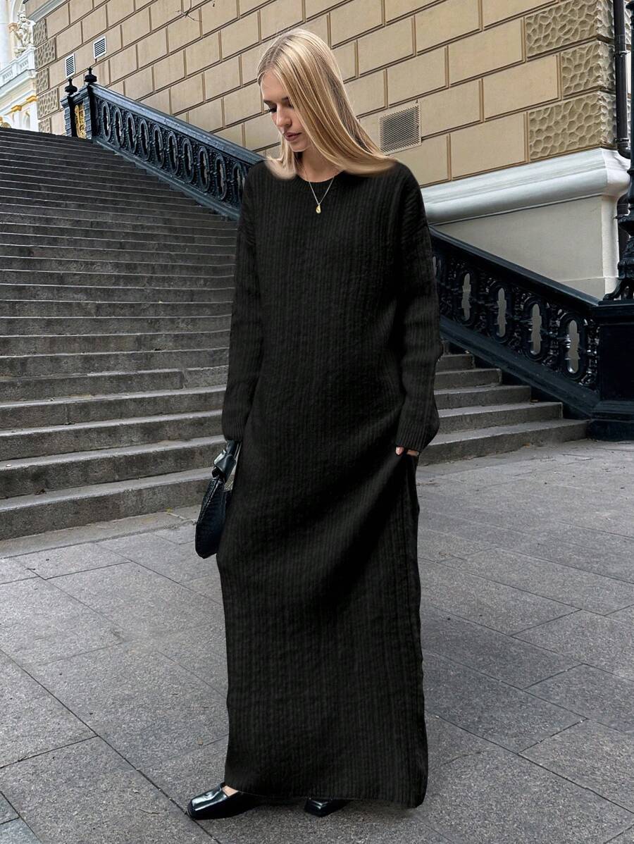 EURMUSE Women Crew Neck Ribbed Knit Fluffy Long Sleeve Sweater Dress - Black - View 1