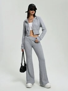 StreetHx 2 件套女士纹理提花连帽衫和踝长裤 - 灰色 - 查看 1