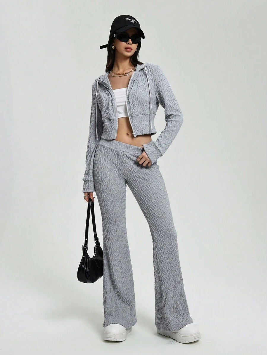 StreetHx 2 件套女士纹理提花连帽衫和踝长裤 - 灰色 - 查看 1