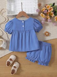 SHEIN Baby Girls Cute Floral Puff Sleeve Top And Shorts Set (Flowers Randomly Cut) - Blue - View 2