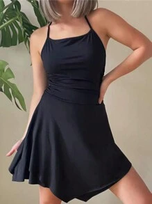 INAWLY 女士度假纯色不对称下摆挂脖迷你黑色连衣裙 - 黑色 - 查看 4