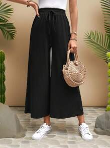 Travachic Solid Tie Front Wide Leg Trousers - Black - View 3