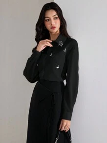 Heiryn Blusa elegante de mujer decorada con rhinestones para otoño