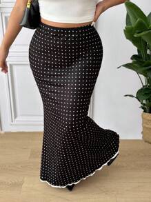 SHEIN Frenchy 女士加大码波尔卡圆点紧身优雅黑色时尚半身裙 - 黑色 - 查看 5