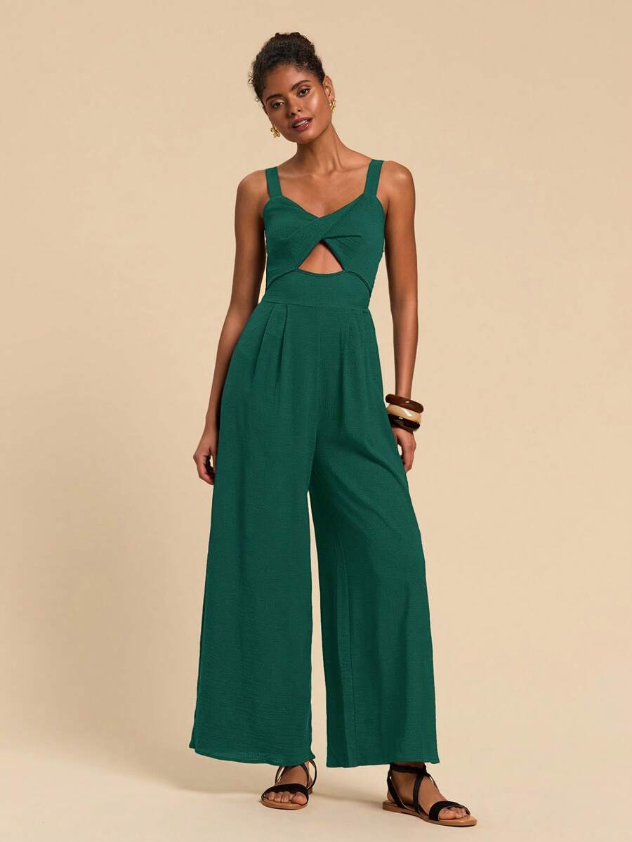 Travachic Women's Solid Color Twisted Lace Hollow Out Wide Leg Jumpsuit, Vacation Casual - Dark Green - View 1