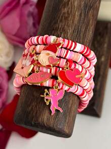 ROMWE Kawaii 5 件/套可爱粉色软粘土情人节手链，手工制作的弹性手链，配有 Y2K 风格天使心形吊坠，可作为朋友和节日的礼物 - 彩色 - 查看 4