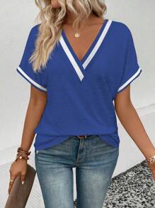 SHEIN LUNE Women Casual Contrast Color Trim Batwing Sleeve T-Shirt