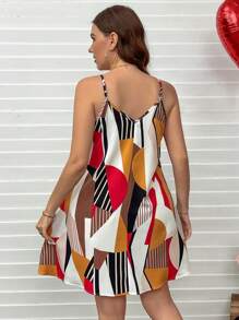 SHEIN LUNE Plus Size Colorful Geometric Pattern A-Line Slip Dress, For Summer - Red - View 4
