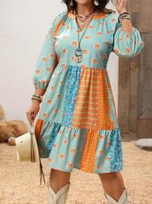 EMERY ROSE 大码女式乡村度假拼布印花缺口领连衣裙，春夏 - 彩色 - 查看 3