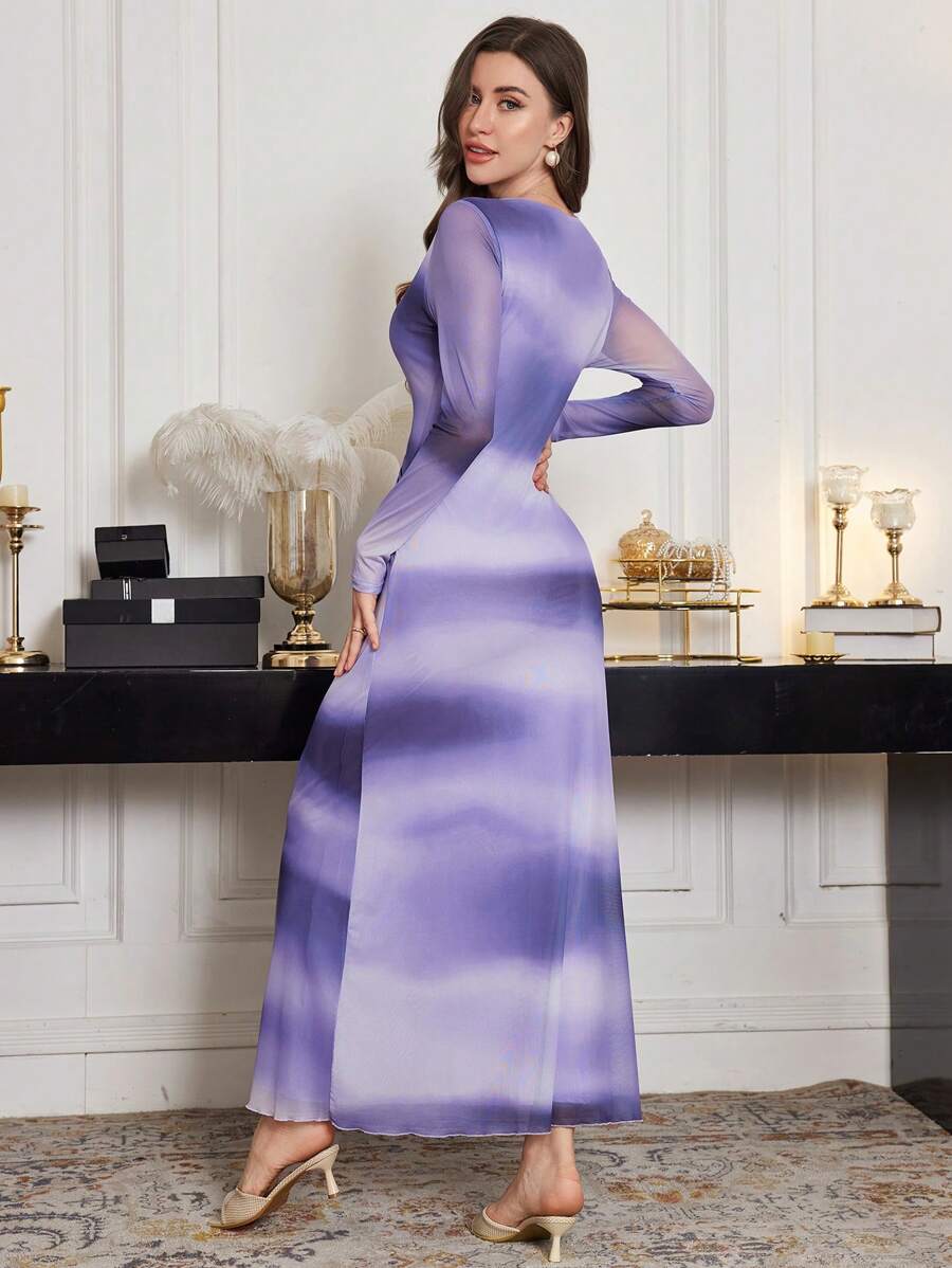 Modelyn Women's Round Neck Long Sleeve Mesh Patchwork Elegant Dress - Multicolor - View 1