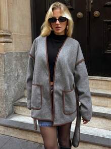Forever 21 Herfst/Winter Nieuwe Color Block Trim Grijs Enkelzijdig Casual High Street Ins Stijl Warme Modieuze Lange Mouw Jas