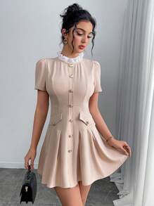 Chiquease Vestido casual mini de mujer con botones delanteros y manga corta, en unicolor y patchwork - Caqui - Ver 6