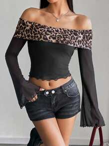 SHEIN EZwear Women's Leopard Print Contrast Mesh Off Shoulder Flare Sleeve Cropped Top - Multicolor - View 6