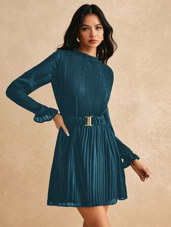 Poéselle Frill Neck Flare Sleeve Belted Pleated Hem Dress