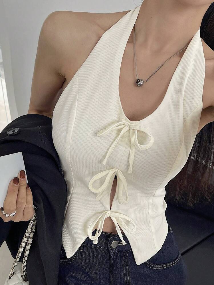 Summer New Casual Bowknot Slim V-Neck Sleeveless Top, Thin Short Tank Top For Ladies,Halter Top Going Out Tops
